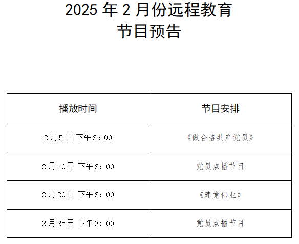 二〇二五年二月份遠(yuǎn)程教育播放計劃